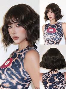 Brown Short Curly Bob Wigs With Bangs For Women 10 Inch Synthetic Curly Bob Wig For Girl Natural Looking Summer Daily Party Cosplay Use For Halloween And Christmas New Year Carnival Music Festival Cosplay ,Gifts For Girls,Summer Graduation Gifts,Ready-Made Gifts,Halloween Christmas Gifts - 棕色 - 查看 2