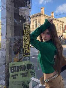 Women's American Sweet & Spicy Design Hooded Cable Knit Long Sleeve Pullover Sweater - Green - View 4