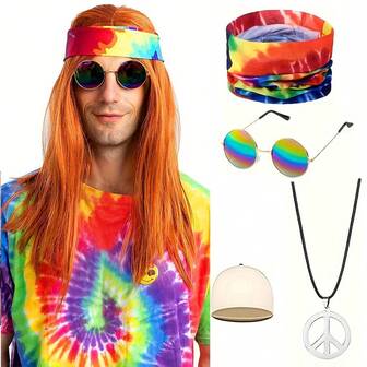 Men's Hippie Style Wig Long Straight Synthetic Orange Ginger Brown Cosplay Wig Suitable For 60 70 80s Men's Wig Set Retro Men's Rock Wig Synthetic Wig Halloween Costume Christmas Cosplay Party