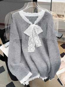 Loose V-Neck Gray Long Sleeve Sweater With Lace Patchwork And Bowknot, Suitable For Christmas, New Year, Commuting, And Dating