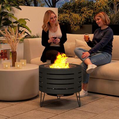 Outsunny Round Fire Pit With Fire Poker, Portable Wood Burning Firepit For Outside With Ash Tray And Hairpin Legs, Outdoor Fireplace For Patio Bonfire Camping, Black