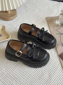 Girls' Mary Jane Loafers, Decorated With Bow, Brown Leather Thick Sole School Uniform Shoes, Suitable For Daily And Party Wear - Black - View 2