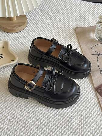 Mocassins babies pour filles avec nœud, chaussures d'école  marron à semelle épaisse, pour tous les jours et pour les fêtes