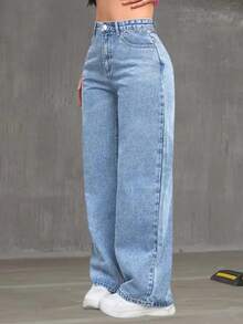 Women's Light Blue Wide Leg Jeans, High Waist, Pantaloons - Quần Jeans Nhẹ - Xem 1