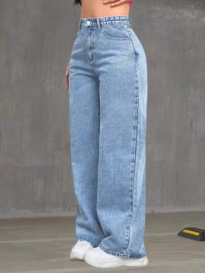 Calça Jeans Wide Leg Azul Claro Feminina Cintura Alta Pantalona