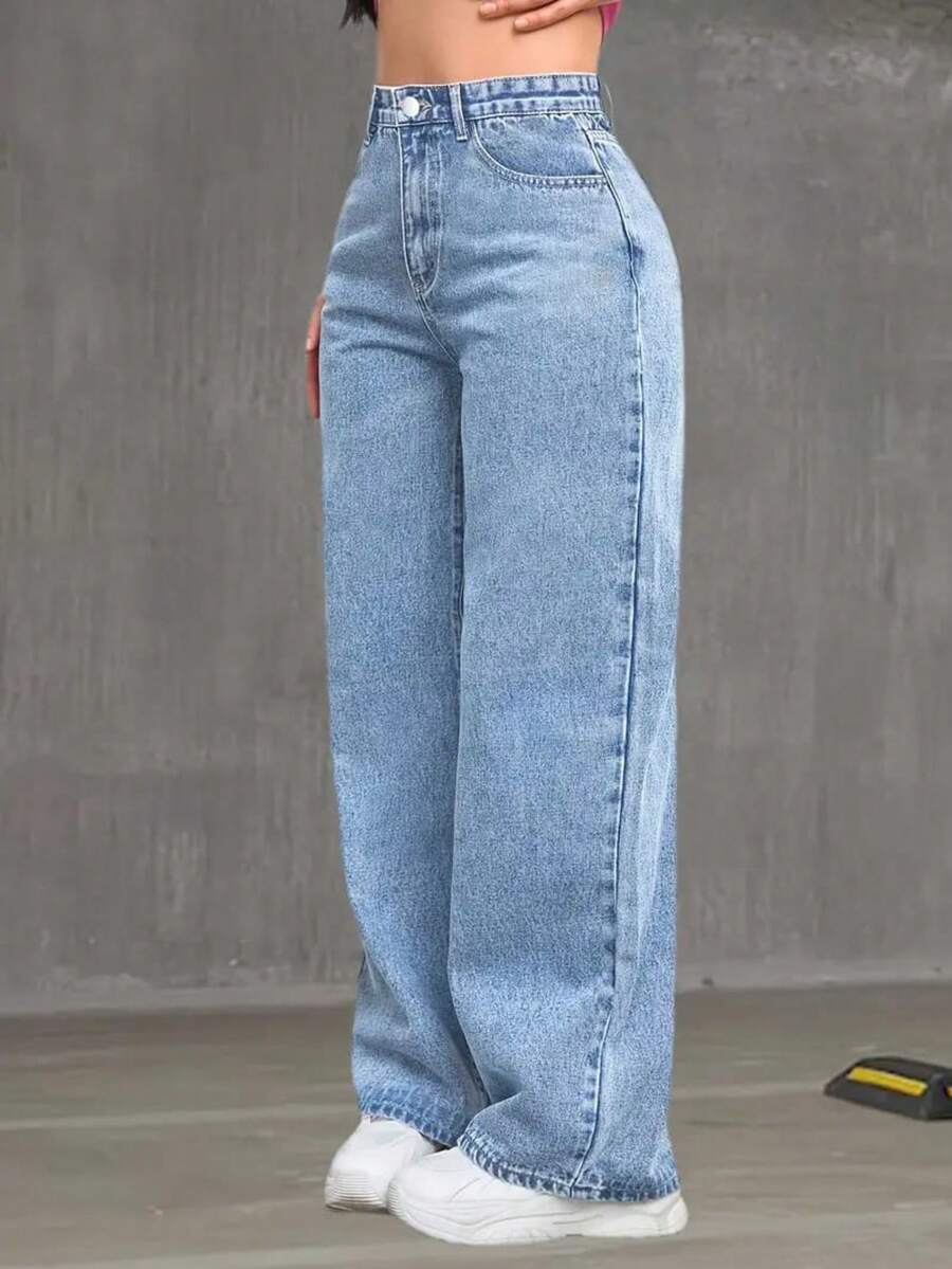 Women's Light Blue Wide Leg Jeans, High Waist, Pantaloons - Quần Jeans Nhẹ - Xem 1