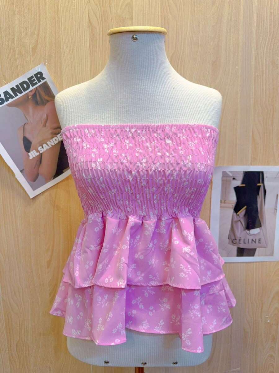 Cropped Top With Strapless Ruffled Print - Hot Pink - View 1
