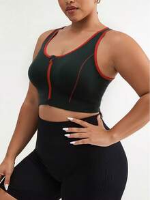Reggiseno sportivo da donna con zip frontale, colore a contrasto, taglie comode, imbottitura rimovibile, adatto per attività all'aperto, yoga e sport - nero - Visualizzare 2