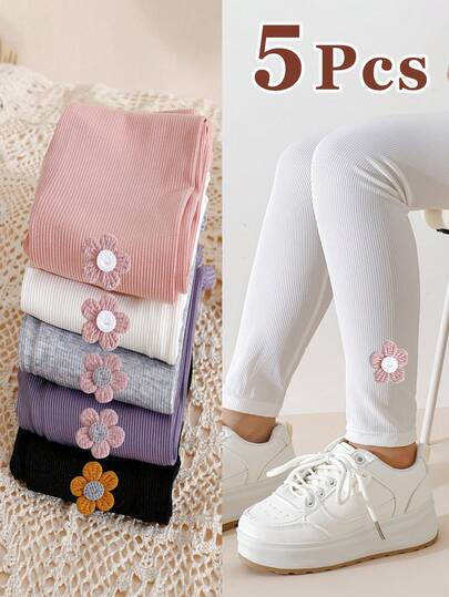 5 件/包儿童可爱花卉装饰纯色七分裤，轻盈透气条纹紧身裤，百搭春秋
