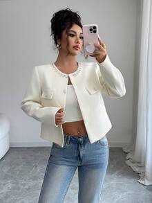 2025 New Spring-Autumn Women's Elegant Pearl-Button Decorated Long-Sleeve Coat