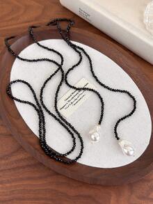 1pc French Retro Niche Design Asymmetric Pearl & Black Crystal Necklace, Multi-Wear Long Clavicle Chain, Ins Style