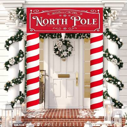 1 pieza Tela de fondo rojo navideño, rojo navideño, Polo Norte, patrón de copos de nieve, para decoración del hogar, decoración del porche, decoración al aire libre, decoración de fiesta de Navidad, decoración con tema ártico, regalos de Navidad, Feliz Navidad, regalo de Año Nuevo 2026