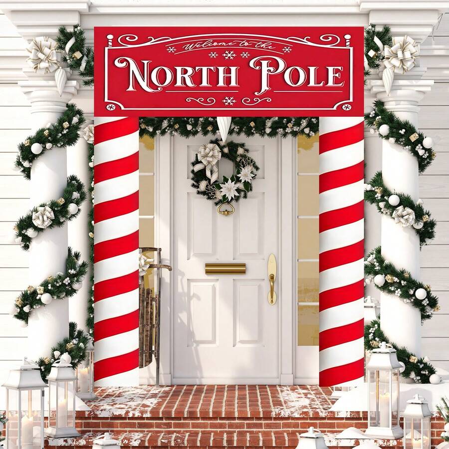 1 pieza Tela de fondo rojo navideño, rojo navideño, Polo Norte, patrón de copos de nieve, para decoración del hogar, decoración del porche, decoración al aire libre, decoración de fiesta de Navidad, decoración con tema ártico, regalos de Navidad, Feliz Navidad, regalo de Año Nuevo 2026