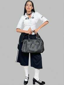 新款骷髅铆钉装饰另类时尚英伦风女士大容量手提包单肩包斜挎包音乐节Y2KFest返校季秋冬季礼物音乐节 - 黑色 - 查看 2