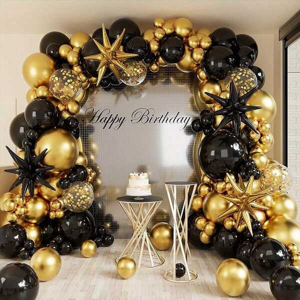 109 قطعة من طقم البالونات الأنيق باللونين الأسود والذهبي - مثالي لأعياد الميلاد والزفاف والذكرى السنوية والتخرج - ديكور حفلات متعدد الاستخدامات للداخل والخارج