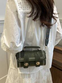 1pc Mini Retro Barrel Handbag For Women, Suitable For Daily Use - Green - View 7
