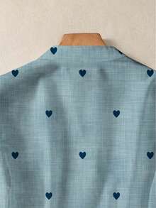 Plus Size Women's Romantic Heart Print Long Sleeve Button-Up Shirt With Pockets, Suitable For Autumn, Winter And Spring - Navy Blue - View 9