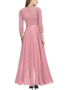 MIUSOL Elegant Women's Floral Lace Bodice Trim Pink Chiffon Maxi Dress, Round Neck, 3/4 Sleeves, Ruffle Flowy Hem, For Wedding Guest, Evening Party, Formal Event, Prom - Hồng - Xem 2