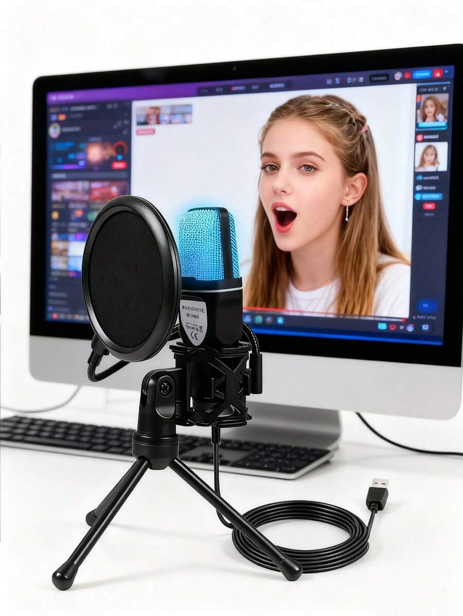 [USB Condenser Mic With Mute] Game Microphone, USB PC Microphone For Podcast Videos, Streaming Media, Condenser Microphone With Fast Mute Function, Tripod, Spray Hood, RGB Indicator Light, Shock Absorber, Rotary Gain Button, Compatible With PS4/5/PC - màu đen - Xem 1