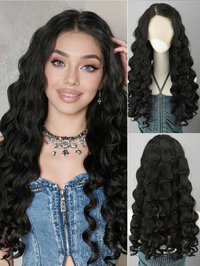 13x6 Transparent Lace Front Wavy Curly Wig, Heat Resistant Synthetic Fiber, Suitable For African Women's Daily Wear