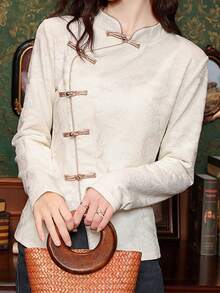 Elegant Hanfu Long Sleeve Top With Mandarin Collar Asymmetrical Button Front Knitted Fabric Regular Length - Apricot - View 3