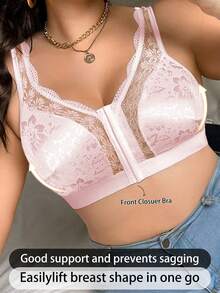 Plus Size Women Contrast Lace Comfortable Wireless Bra - Pink - View 4