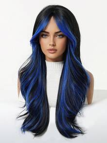 Ava WIGS 26 Inch Two-Tone Color Blue And Black Long Body Wave Wig Synthetic Wigs With Bangs Glue Less Heat Resistant Synthetic No Lace Wigs For Women Black Mixed Blue Long Body Wavy Wig Daily Party Cosplay Multicolor Wigs, Perfect Halloween Gifts For Ladies