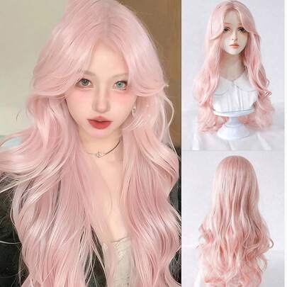 Pink Wig For Women Long Wavy Cosplay Wigs Natural Soft Sweet Synthetic Wig For Daily Use Lolita Wig Pink
