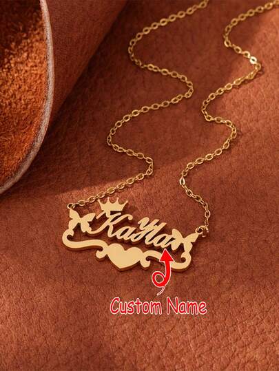 Collar personalizado con nombre - Diseño de mariposa y corona con corazón, joyería personalizada de acero inoxidable con tono dorado, colgante minimalista y elegante, adecuado para uso diario y ocasiones especiales, accesorio para fiestas, artesanía exquisita, artículo de moda