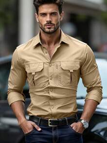 Men's Shirt With Multiple Pockets, Quick-Drying And Breathable, Suitable For Outdoor Hiking And Mountaineering; Simple Solid-Color Men's Shirts, Suitable For Spring, Summer, And Autumn Wear. - 卡其色 - 查看 2