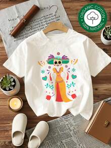 MYNOVA C Camiseta de Algodón Suave para Mujer Talla Grande con Estampado de Vestido de Calavera Día de Muertos, Regalo para Ella, Halloween, Atuendo Moderno, Vestidos de Mujer de Verano, Casual Perfecto para Todas las Estaciones, Tallas S M L XL - Blanco - Ver 2