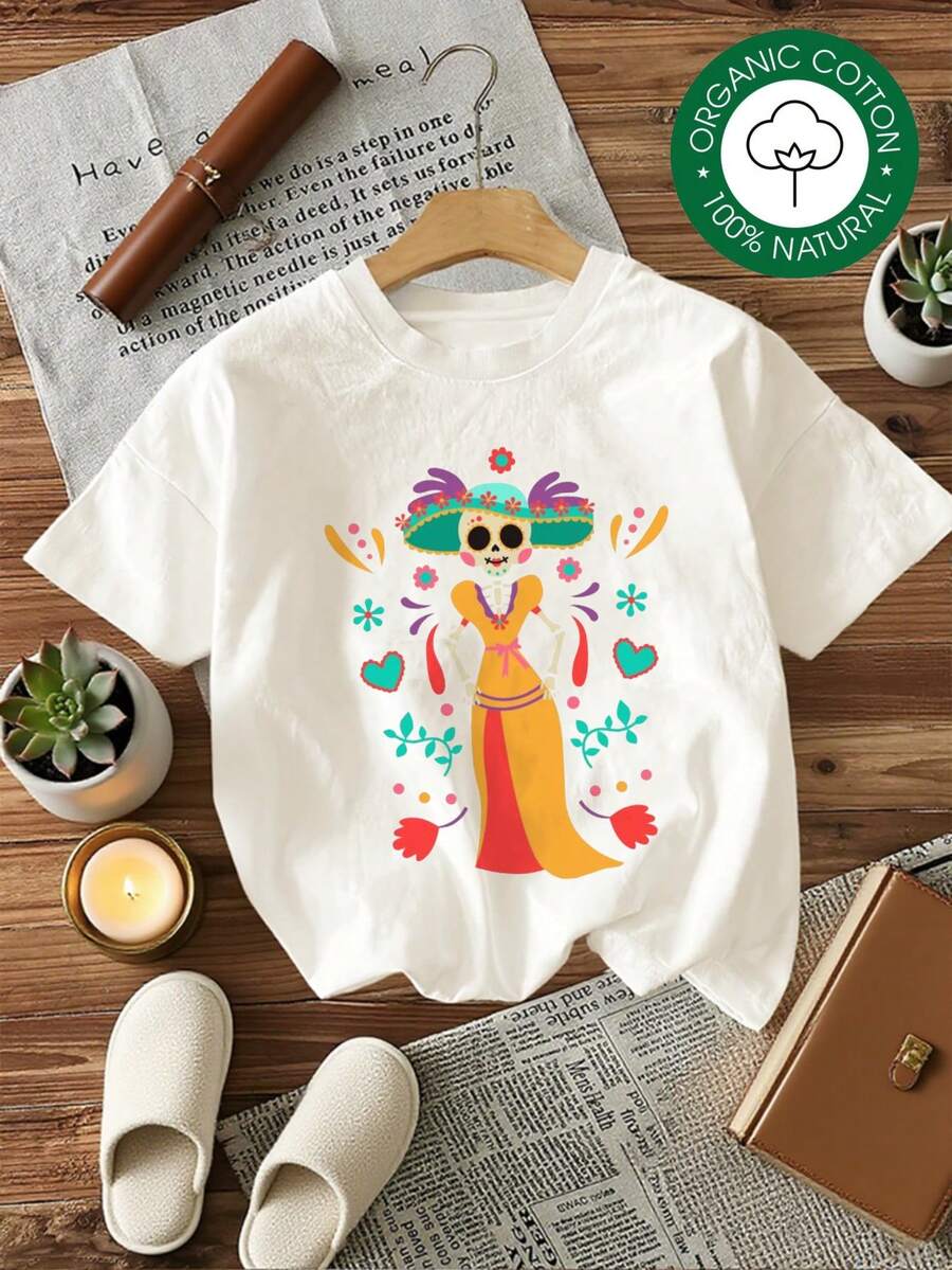 MYNOVA C Camiseta de Algodón Suave para Mujer Talla Grande con Estampado de Vestido de Calavera Día de Muertos, Regalo para Ella, Halloween, Atuendo Moderno, Vestidos de Mujer de Verano, Casual Perfecto para Todas las Estaciones, Tallas S M L XL