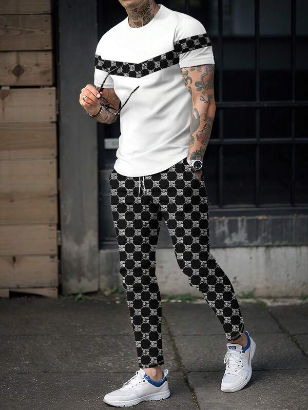 2pcs/Set Men's Printed Crew Neck T-Shirt And Pants Set, Practical & Versatile