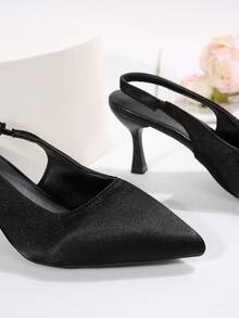 优雅尖头露跟高跟鞋，可调节绑带，性感法式风格，适合春秋季节 - 黑色 - 查看 5