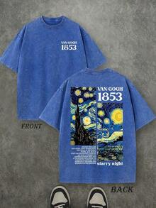 1 PcsRetro Washed T-Shirt Double Sided Printed (230 Pure Cotton T-Shirt) 'VAN GOGH 1853' Starry Night Letter Print, Men's T-Shirt, Men's Casual, Comfortable, Fashionable T-Shirt, Street Style Cotton180g 100% Cottonvalentine's Day - 寶藍色 - 查看 1