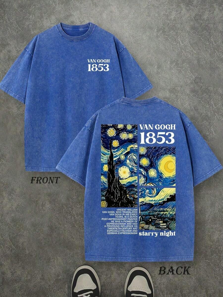 1 PcsRetro Washed T-Shirt Double Sided Printed (230 Pure Cotton T-Shirt) 'VAN GOGH 1853' Starry Night Letter Print, Men's T-Shirt, Men's Casual, Comfortable, Fashionable T-Shirt, Street Style Cotton180g 100% Cottonvalentine's Day - 寶藍色 - 查看 1