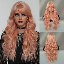 AKAKO 26 Inch Orange Pink Long Wavy Wig With Curtain Bangs, High Quality Heat-Resistant Fiber Synthetic Wave Curly Hair Wig, Gorgeous Goth Style Costume Wigs For Women Halloween Party Masquerade Ball,Music Festivals & Carnival Use