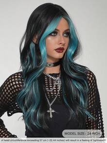 AKAKO 24 Inch Blue Highlight Long Wavy Wig With Curtain Bangs, High Quality Heat-Resistant Fiber Synthetic Wave Curly Hair Wig, Gorgeous Goth Style Costume Wigs For Women Halloween Party Masquerade Ball,Music Festivals & Carnival Use - 挑染藍色 - 查看 4