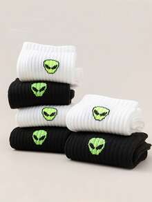 6 Pares de Meias Minimalistas Preto e Branco com Design de Alienígena, Adequadas para Esportes e Uso Casual em Todas as Estações