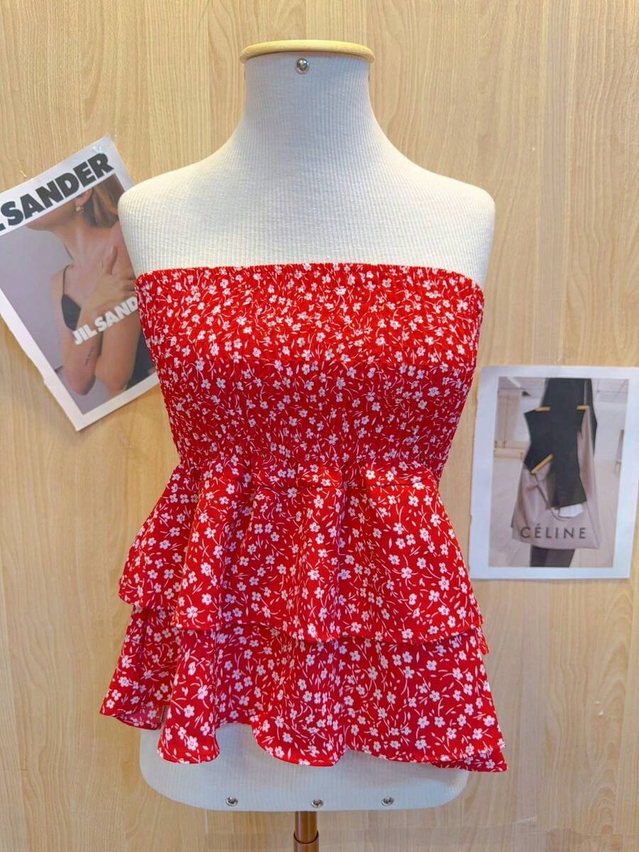 Women's Cropped Printed Blouse With Ruffle - Red - View 1