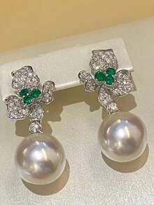 1pc French Retro Fashionable Versatile Floral Pearl Earrings, Elegant Elegant High-End Luxury Earrings Suitable For Women's Daily, Festival, Party Wear, Gift For Girlfriend, Best Friend (Shipped Without Box Or Display Clip) - Silver - View 3