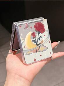 1pc Fashionable Minimalist PC Material Cute Moon & Rose Element Foldable Phone Case, Protective And Anti-Drop: Compatible With Samsung Galaxy Zflip 3/Zflip 4/Zflip 5/Zflip 6/Zflip 7, OPPO Find N3 Flip, Razr 50 Ultra, Razr 60 Ultra, Razr 60, Razr 50, MIX Flip, Galaxy Z Flip7 FE - Clear - View 2