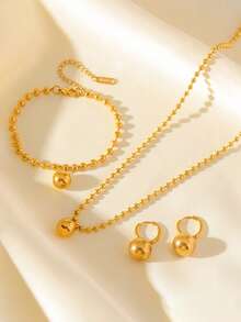 1 Set de Joyería de Collar con Colgante de Cuentas Redondas de Acero Inoxidable + Pulsera + Aretes, Adecuado para Regalo y Uso - Amarillo Oro - Ver 7