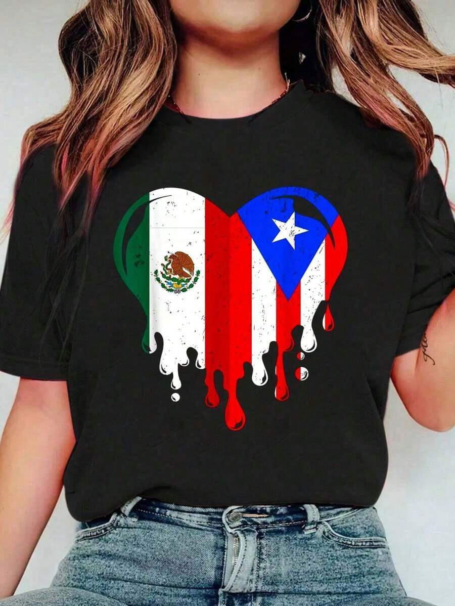 Puerto Rico & Mexico Flag Heart Puerto Rican Mexican Citizen T-Shirt Women's Men's Plus Size Soft Tee Causal Tops Breathablegraphic Tees Men Shirts Streetwear White Shirt Black Shirt - 黑色 - 查看 1