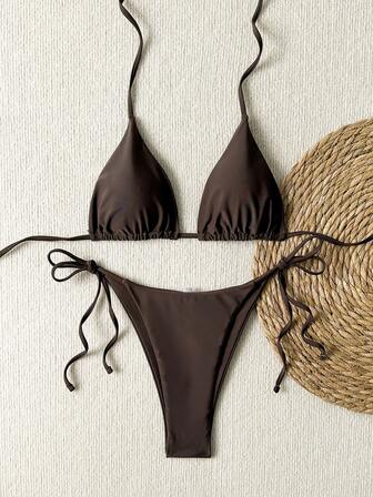 New Women's Fashion Brown Tie-Up Halter Two-Piece Swimsuit Bikini For Beach Vacation