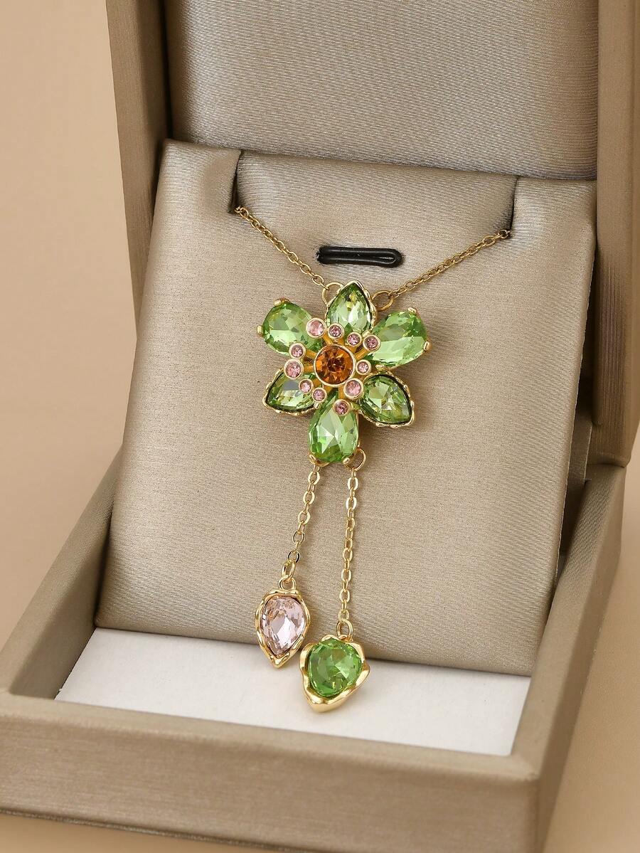 1pc Fashionable Fully Paved Cubic Zirconia 6-Petal Flower Stainless Steel Necklace, Geometric Design, Tassel, Gold Jewelry, Women's Jewelry, Gold Necklace, Gift, For Parents, Relatives - Yellow Gold - View 1