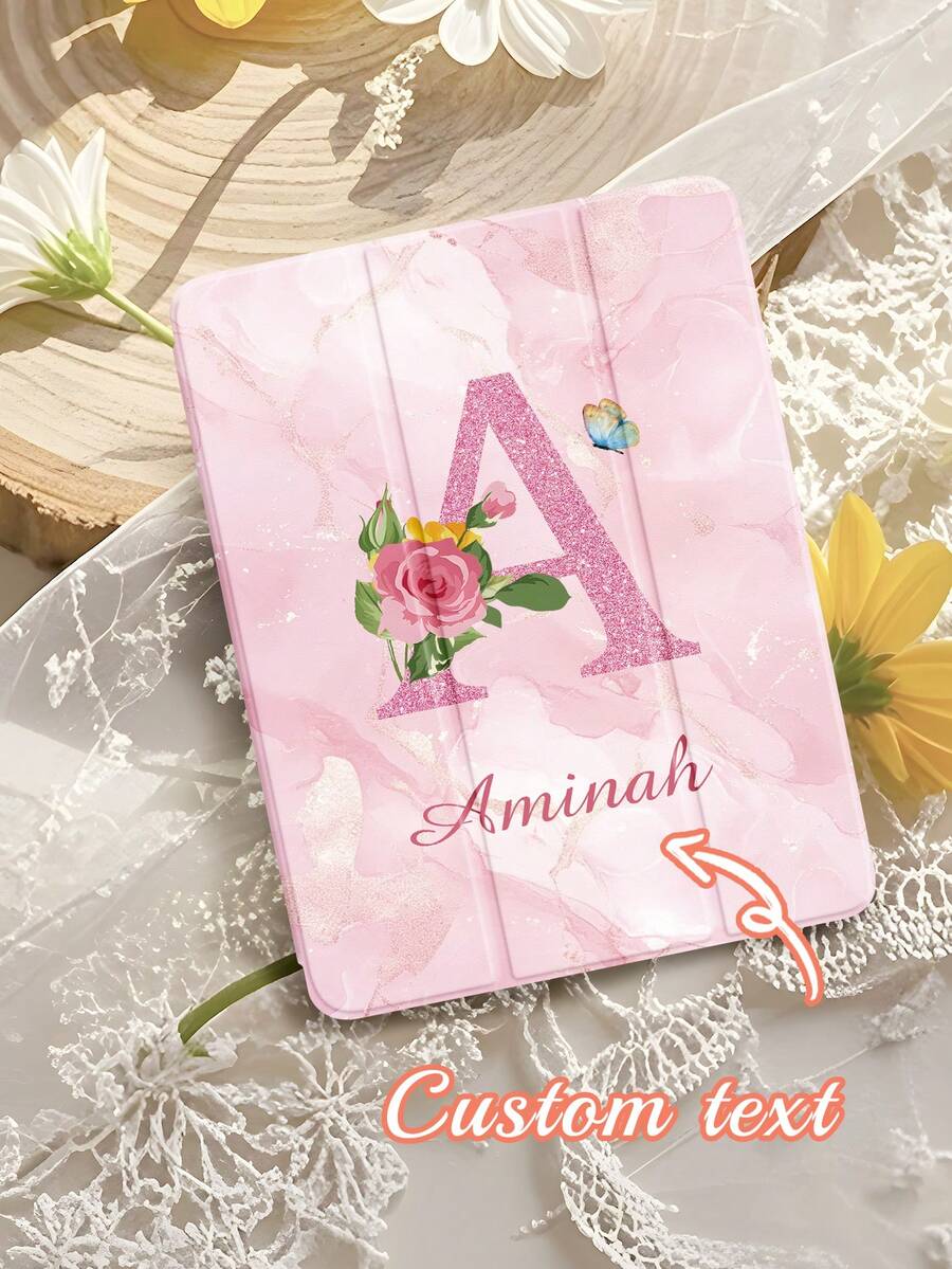 Pink Customizable Letter Tablet Protective Case With Stylus Holder And Tri-Fold Stand, Compatible With IPad Mini 4/5/6/7, 9.7" (2017/2018), 10.2" (7th-9th Gen), Air (3rd-6th Gen), And Pro (9.7", 11", 12.9"), Auto Wake/Sleep Function, Romantic Gift - Multicolor - View 1