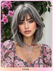 TOPSHE Fashion Natural Looking Wigs 12 Inch Cute Party Dark Grey Short Straight Wigs,Heat-Resistant Synthetic Wig With Bangs For Women, For Party,Cosplay,Halloween Daily Wear - 深灰色 - 查看 11
