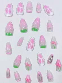 24Pcs Minimalism Style Yellow & Pink Flower Decor French Manicure Medium Almond Shaped Artificial Nail Tips, Suitable Office Ladies, Daily Wear, Dates, Afternoon Tea, Outdoor Activities Press On Nails Nail Supplies Nails - 多色 6 - 查看 4