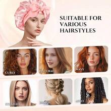 Gorro de Pelo Rizado de Satn, 2 Piezas Gorro de Dormir de Seda Ajustable, Viene con 2 PCS Diademas de Satn, Gorro De Dormir Suave Satinado Reutilizable y Cmodo con Banda Elstica Ancha Negro y rosa - Rosa y Plata - Ver 8